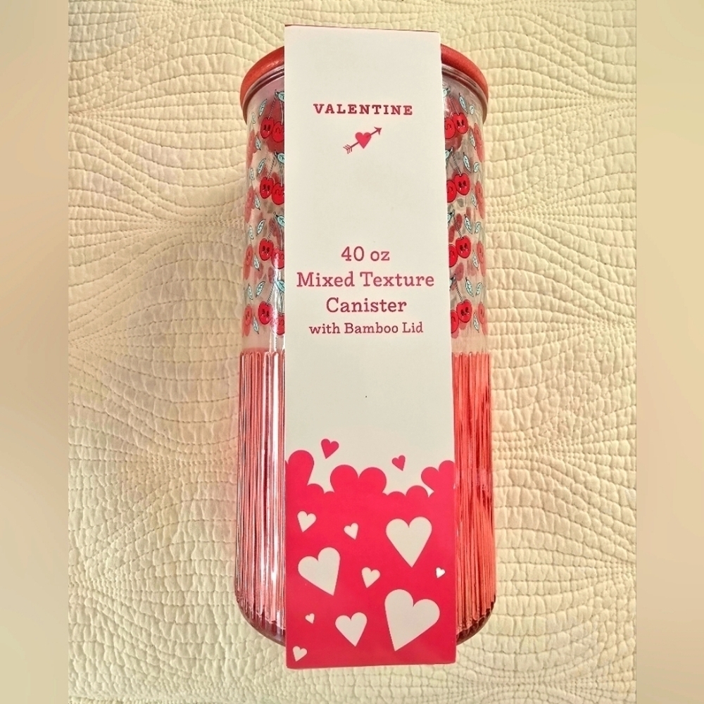 NWT Valentine Canister with Cherry Hearts and Bamboo Lid 40 oz